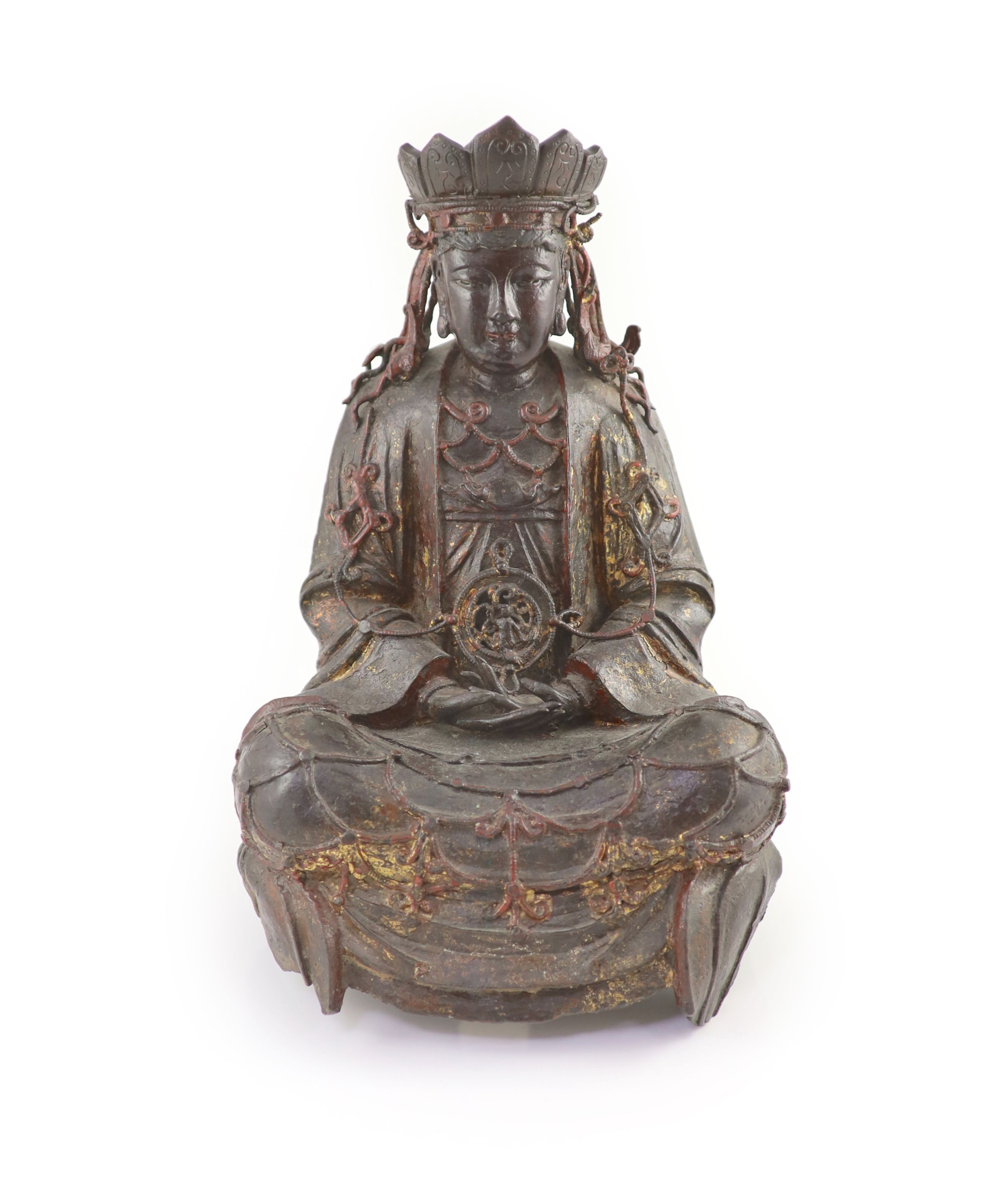 A large Chinese Ming bronze figure of a Bodhisattva, 16th/17th century, 41.5cm high, minor losses